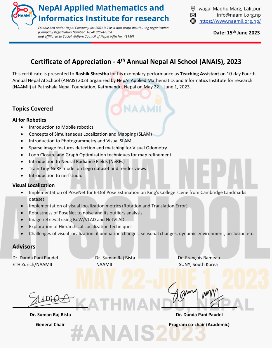 TA certificate of fourth Nepal AI school
