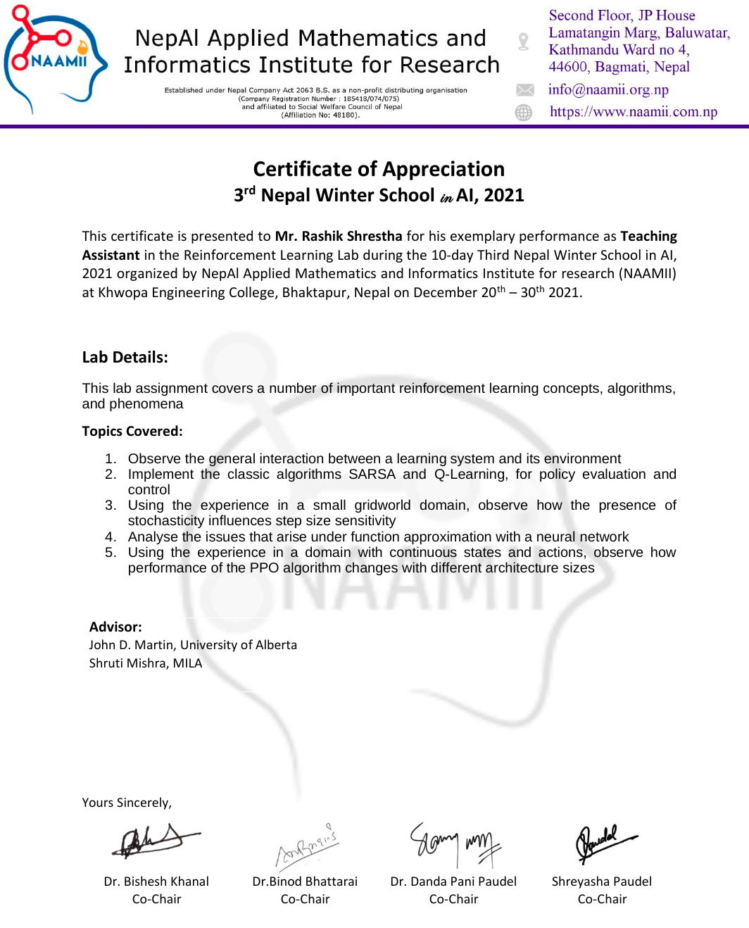 TA certificate of third Nepal AI school
